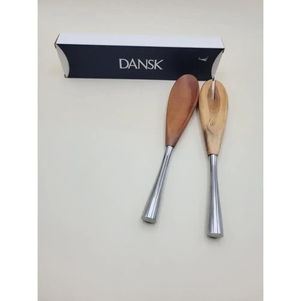 Dansk Wood Salad Server Set of 2 Brown Silver Metal Open Box